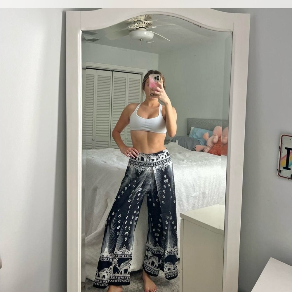 Hippie Black and White Elephant Patterned Wide Leg Pants